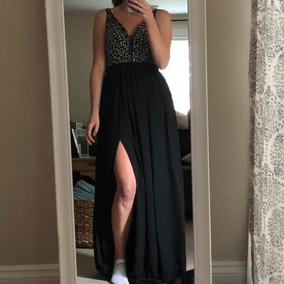 Black Sequin Top Maxi Dress with Side Slit - Picture 2 of 5